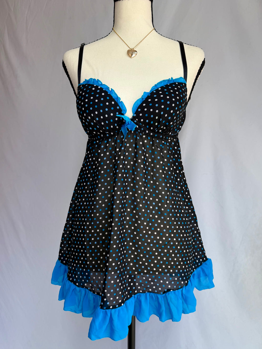 vintage blue polka dot babydoll dress₊˚⊹♡