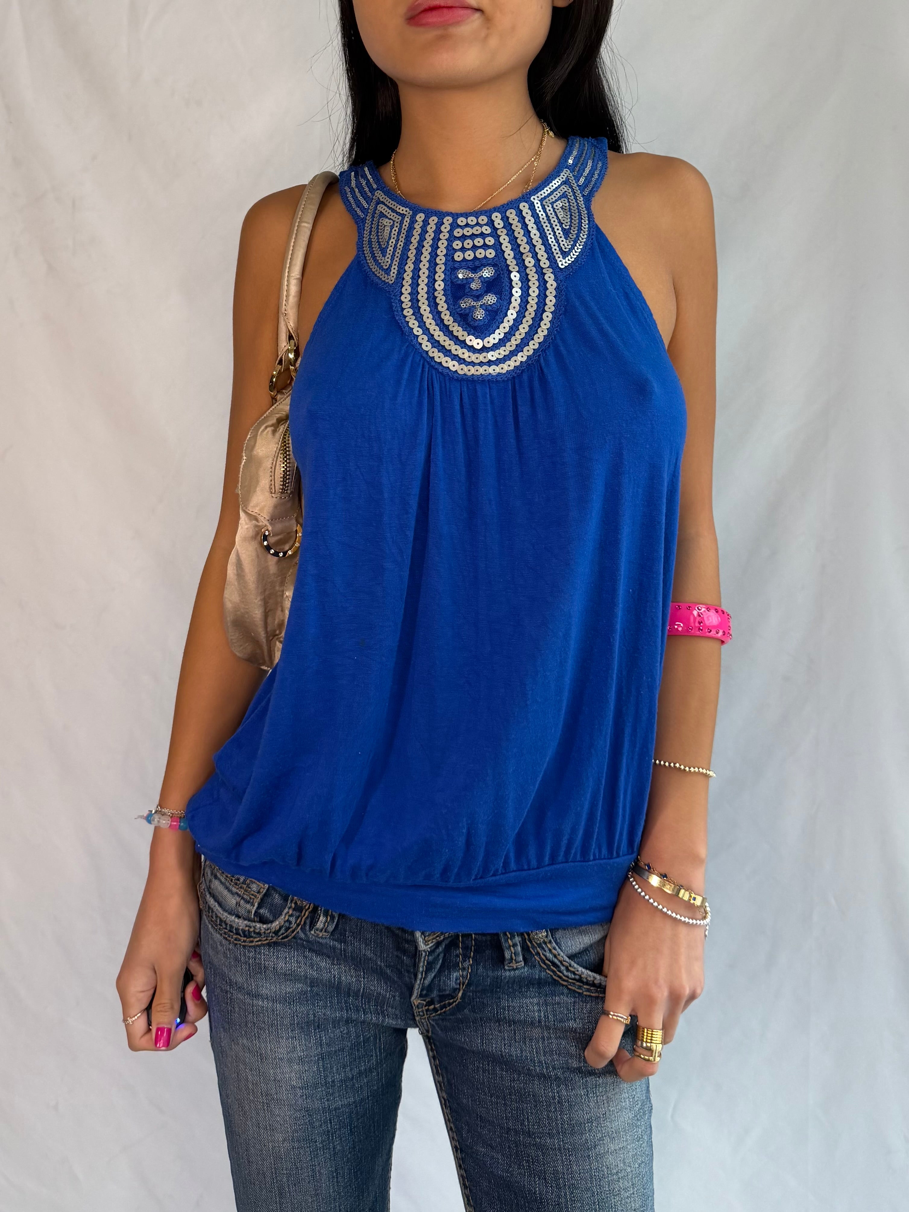 Vintage blue sequin halter top