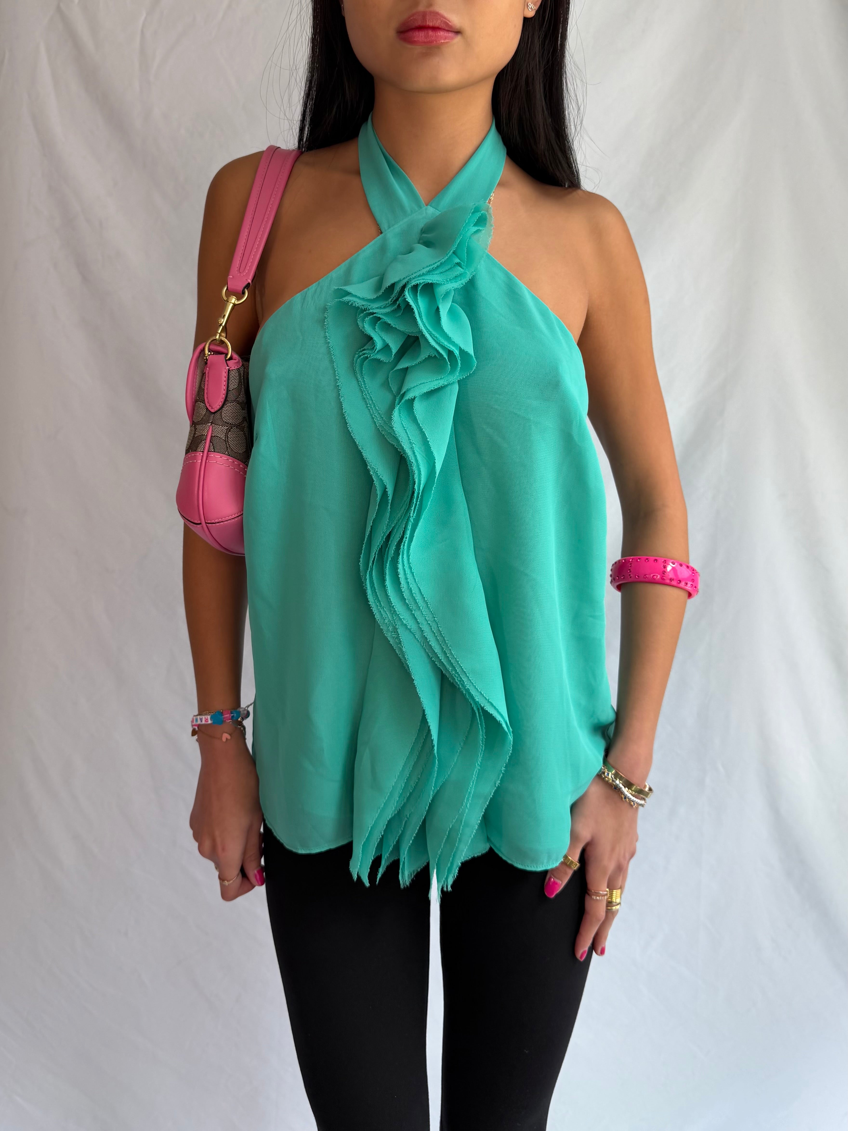 Vintage teal ruffle halter top