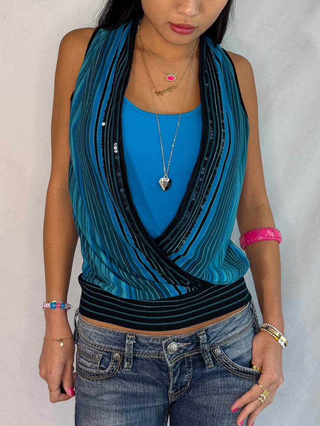 Vintage blue sequin low neck top