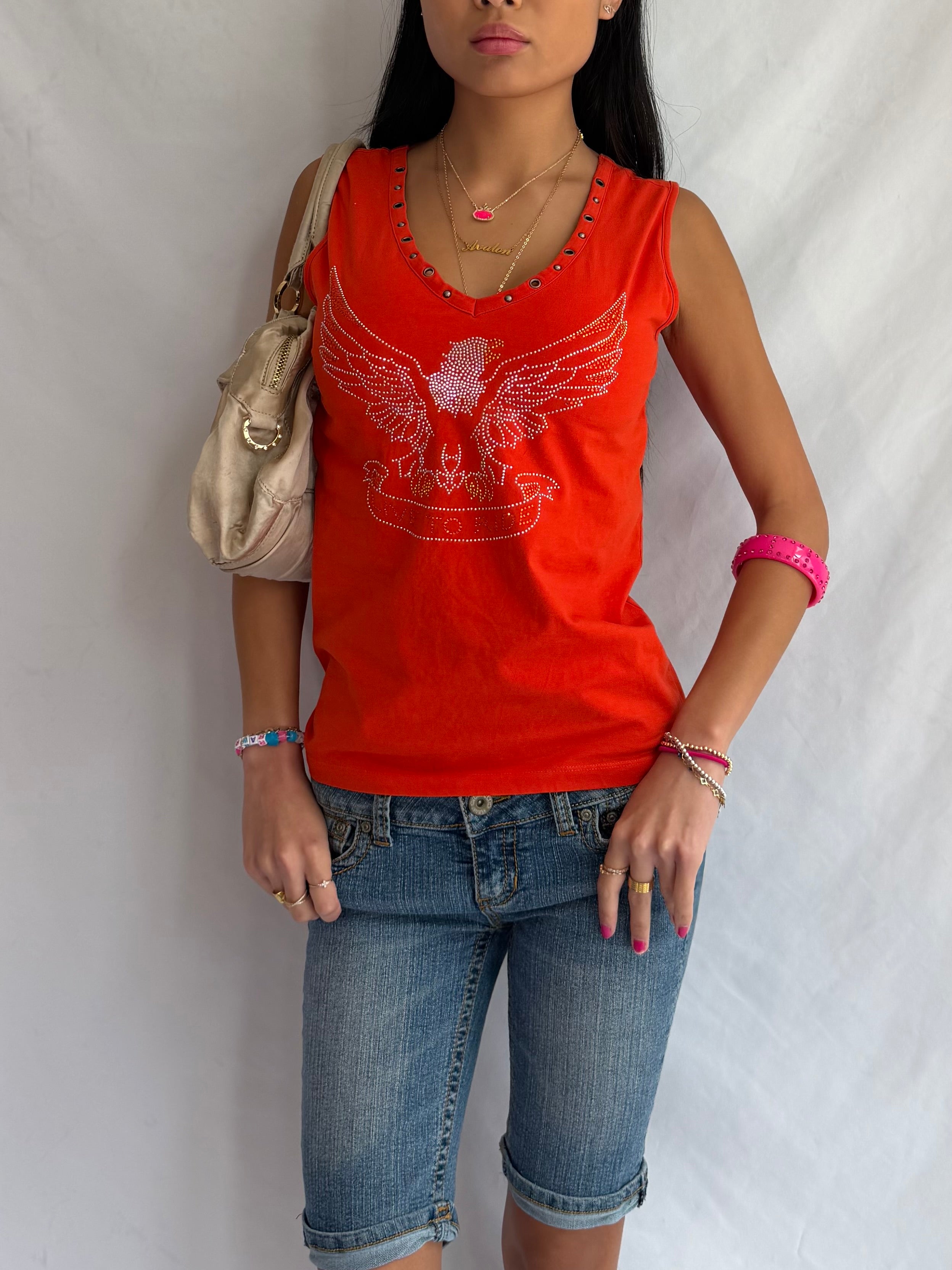 Vintage orange bedazzled tank top