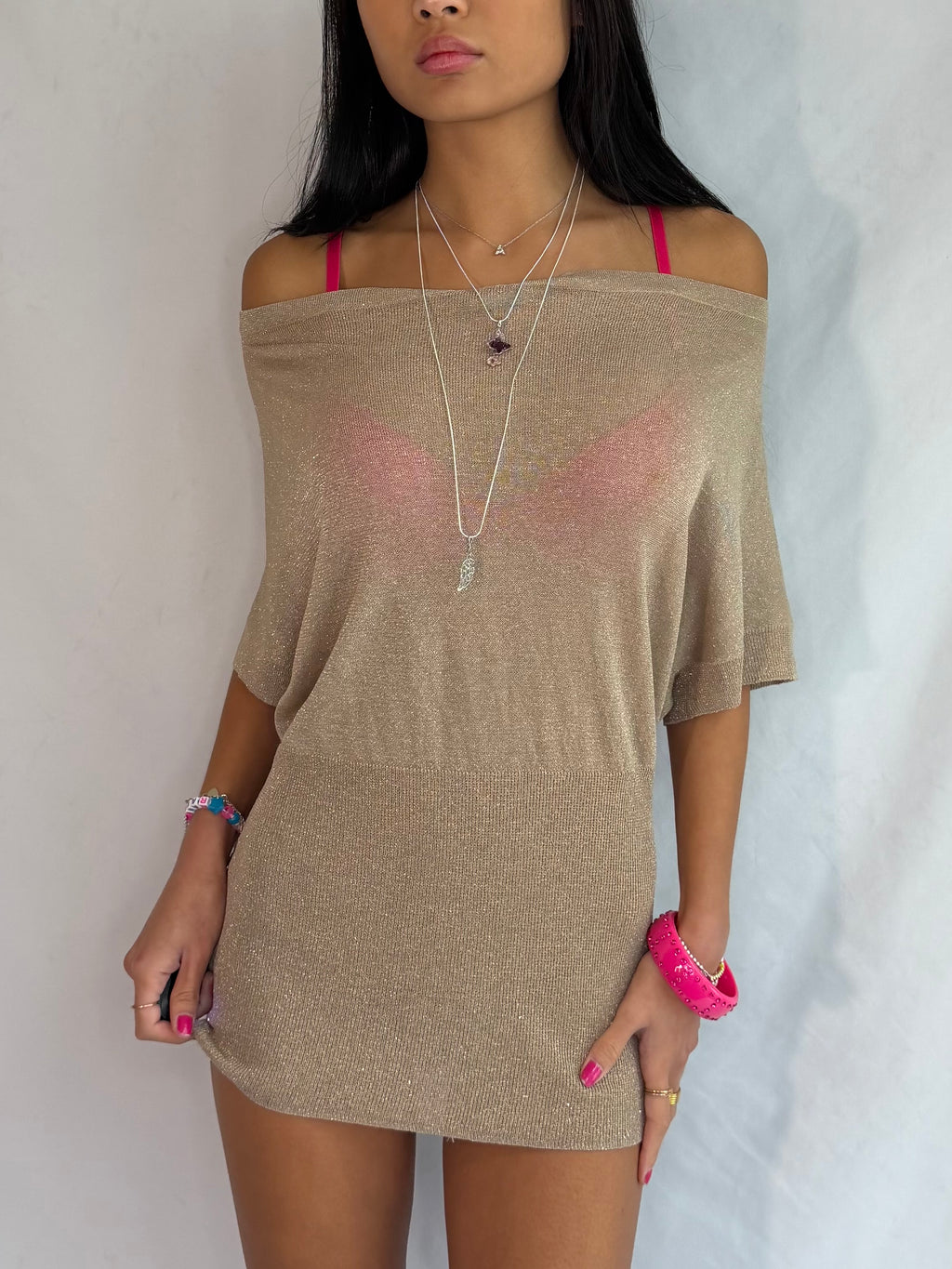 Vintage gold off the shoulder mini dress