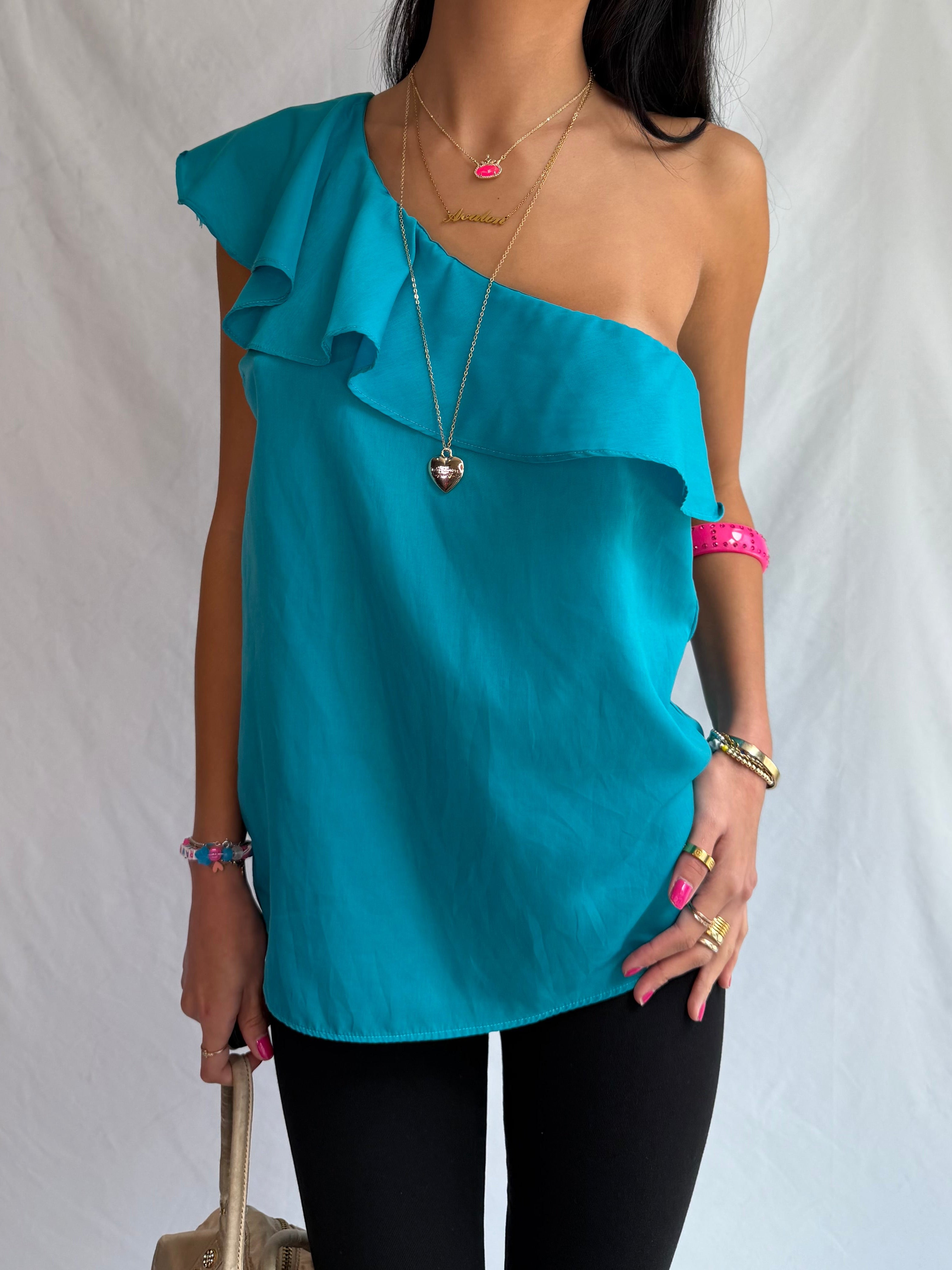 Vintage blue one shoulder ruffle top
