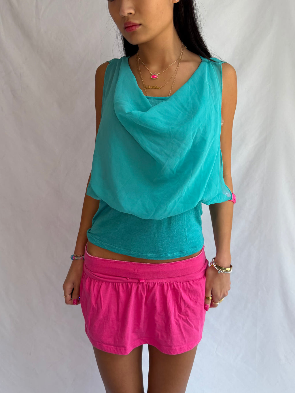 Vintage teal cowl neck tank top
