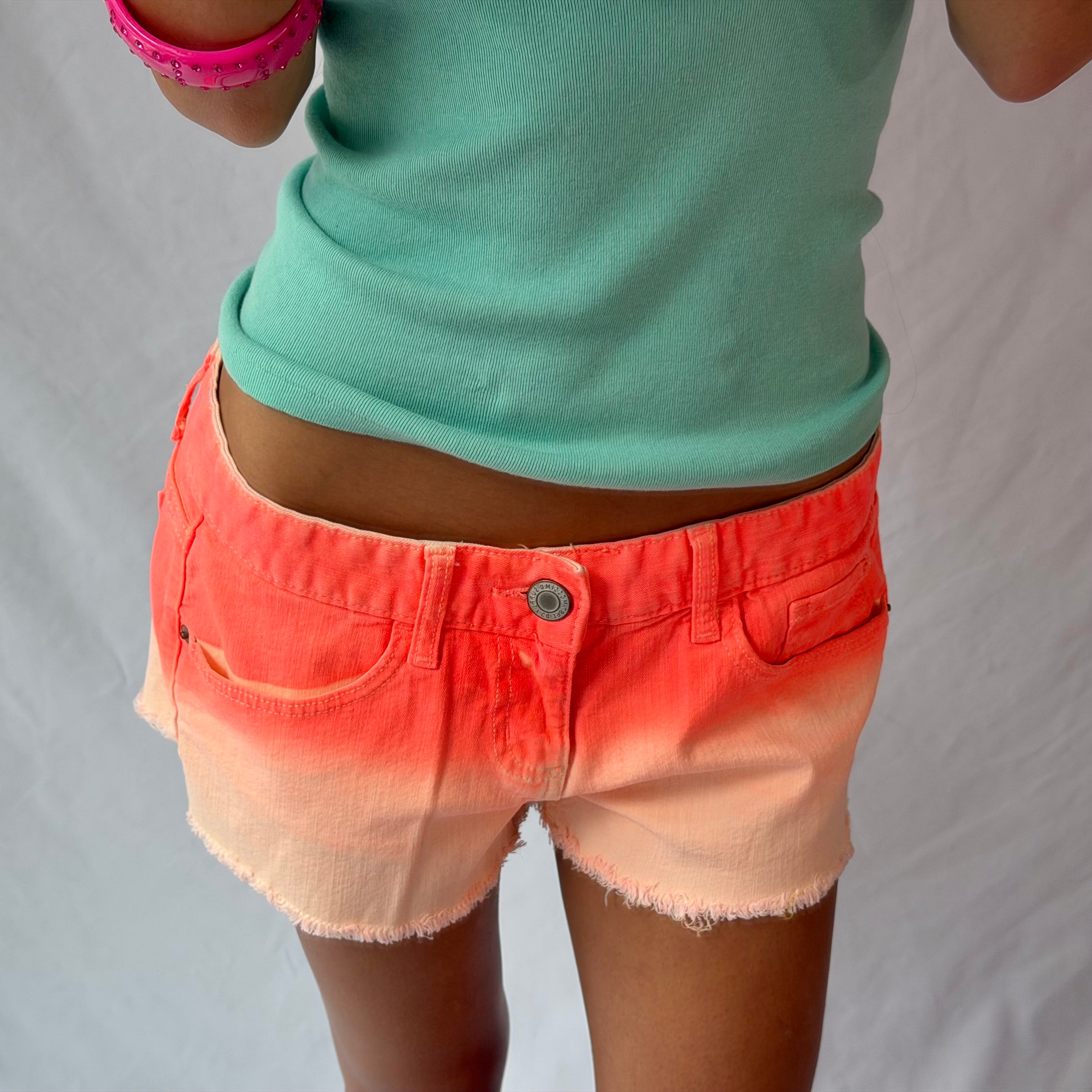 2016 neon orange ombre low rise denim shorts