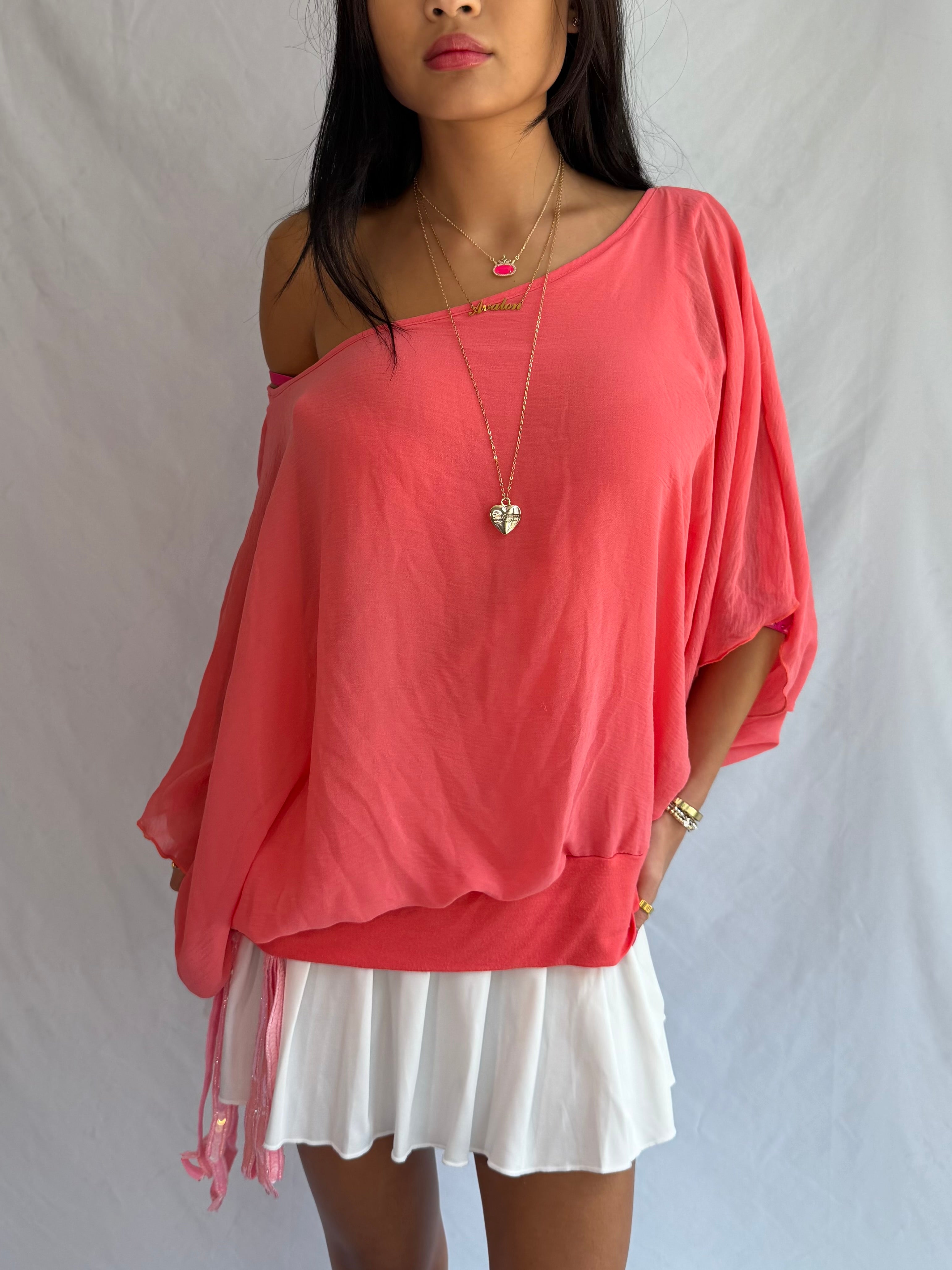 Vintage coral off the shoulder drape top