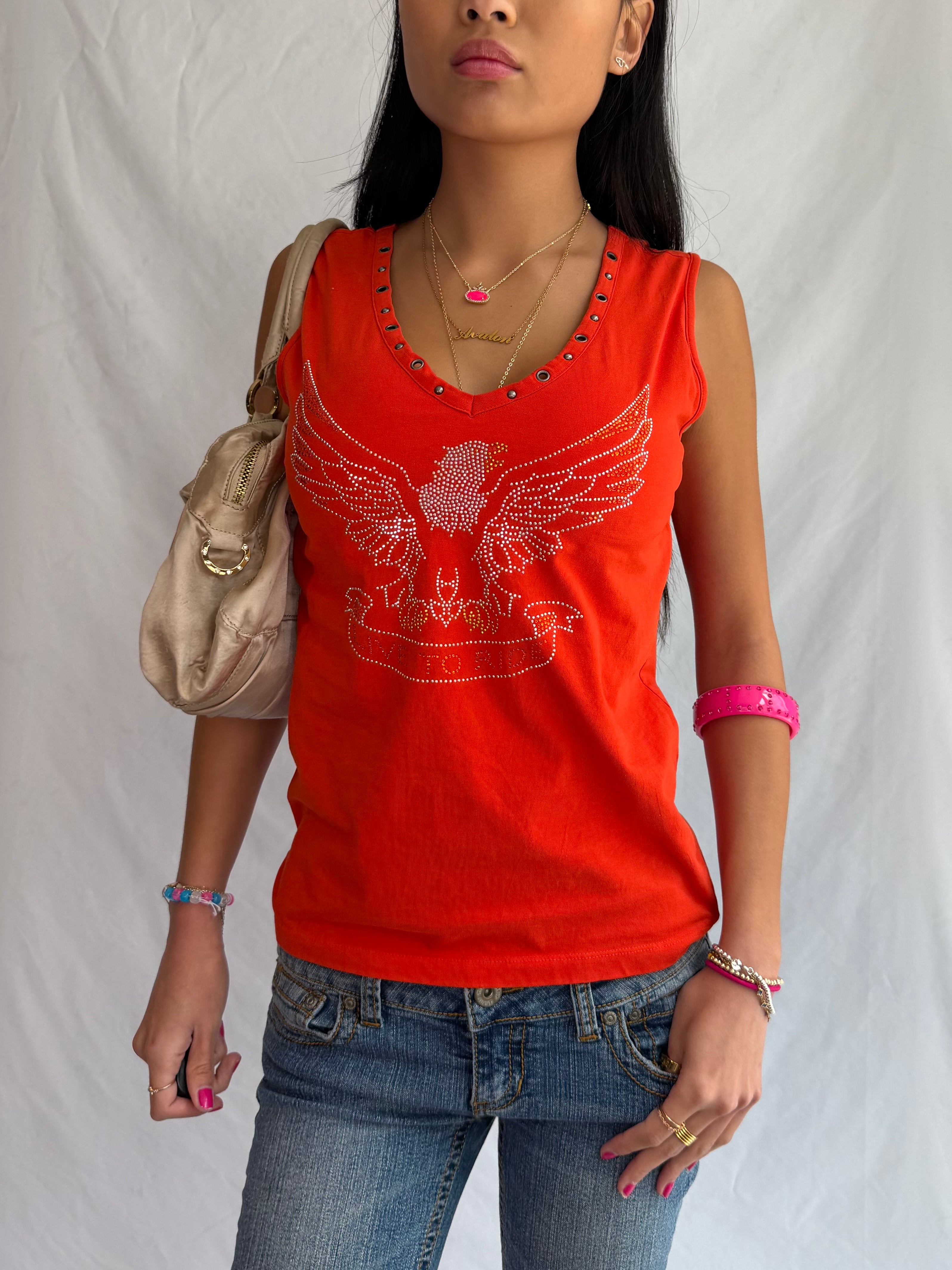 Vintage orange bedazzled tank top