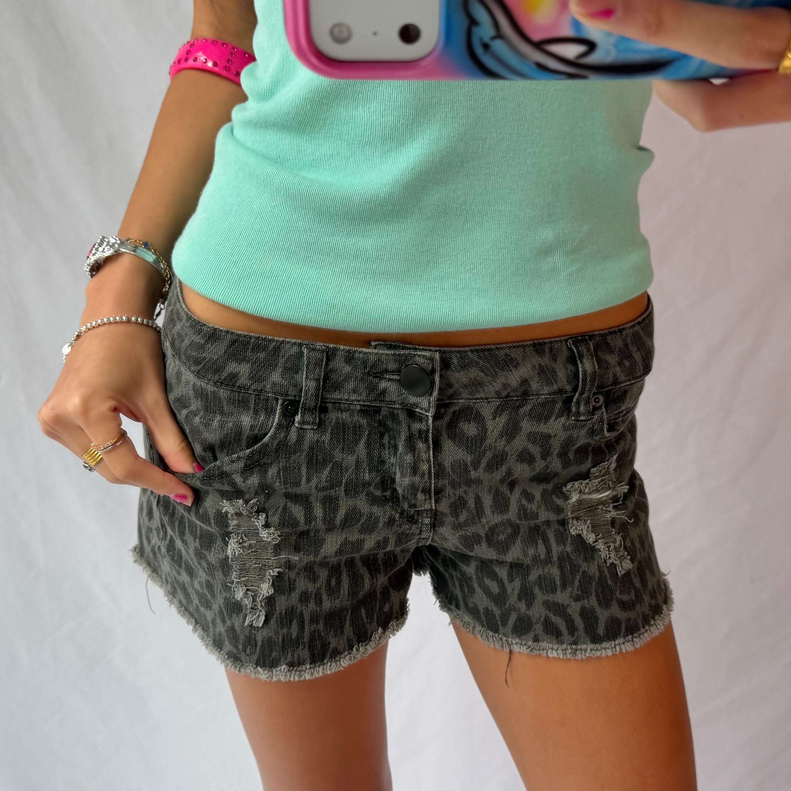 2016 leopard low rise denim shorts