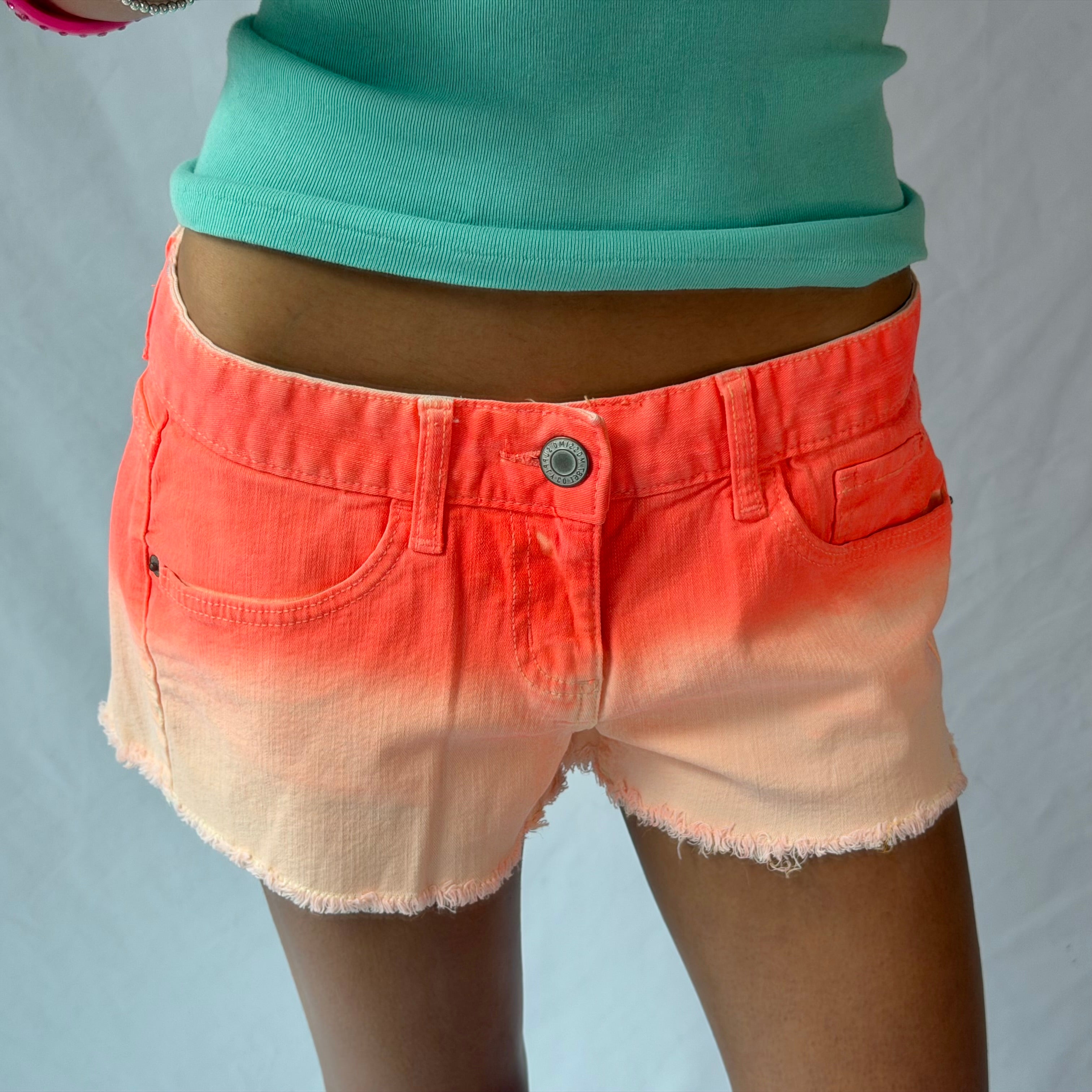 2016 neon orange ombre low rise denim shorts