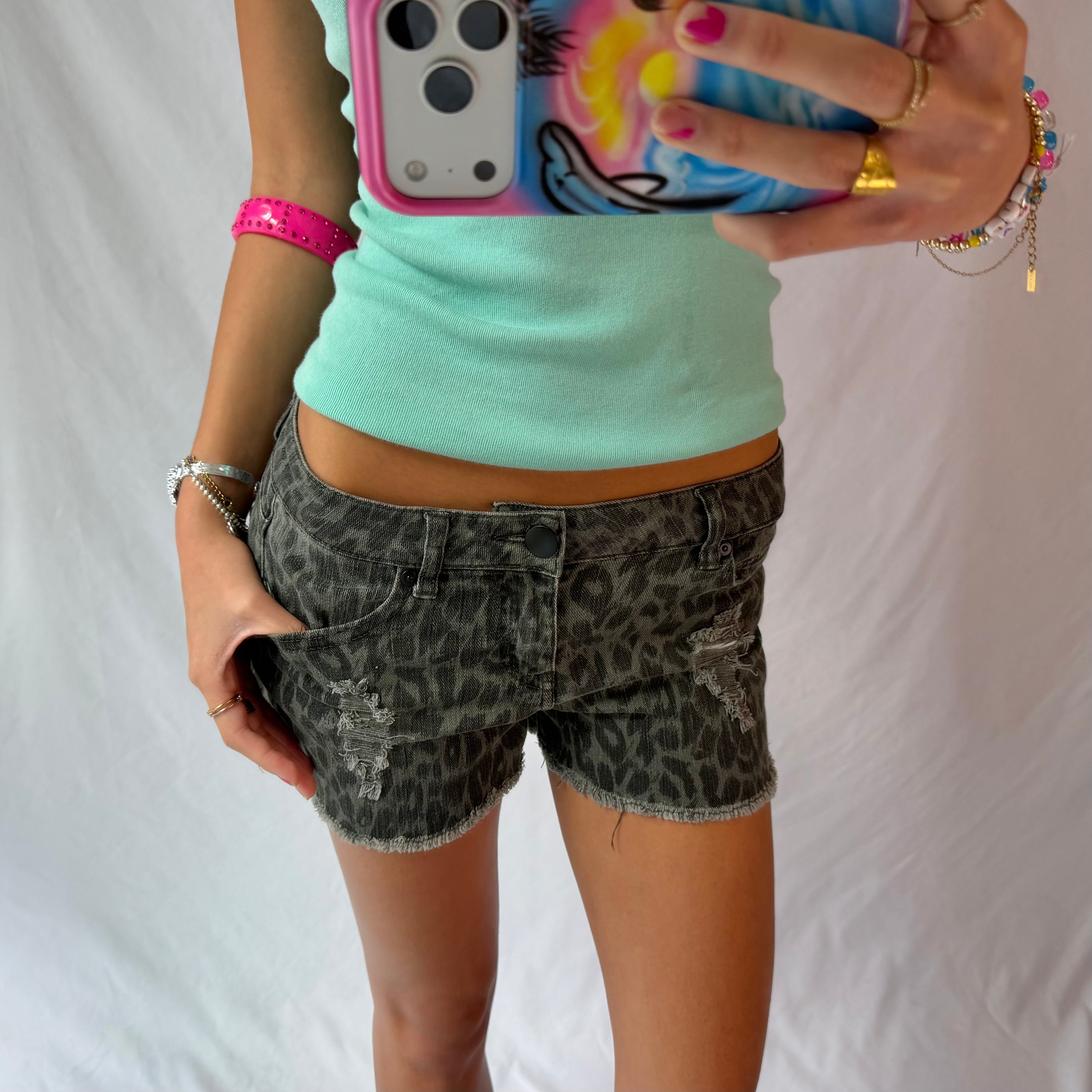 2016 leopard low rise denim shorts