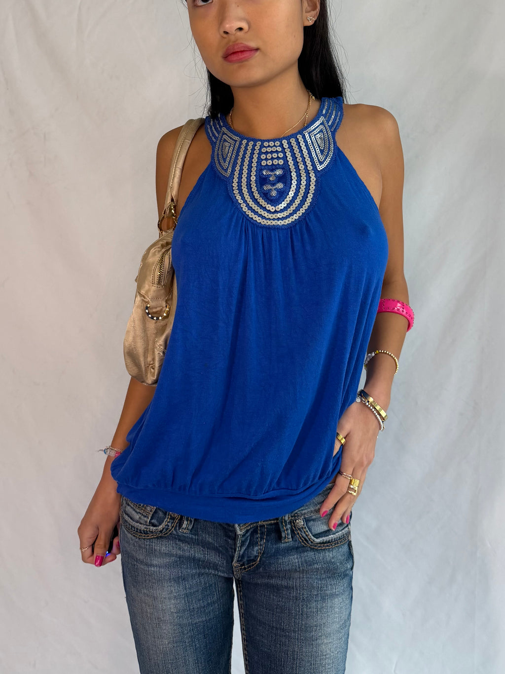 Vintage blue sequin halter top