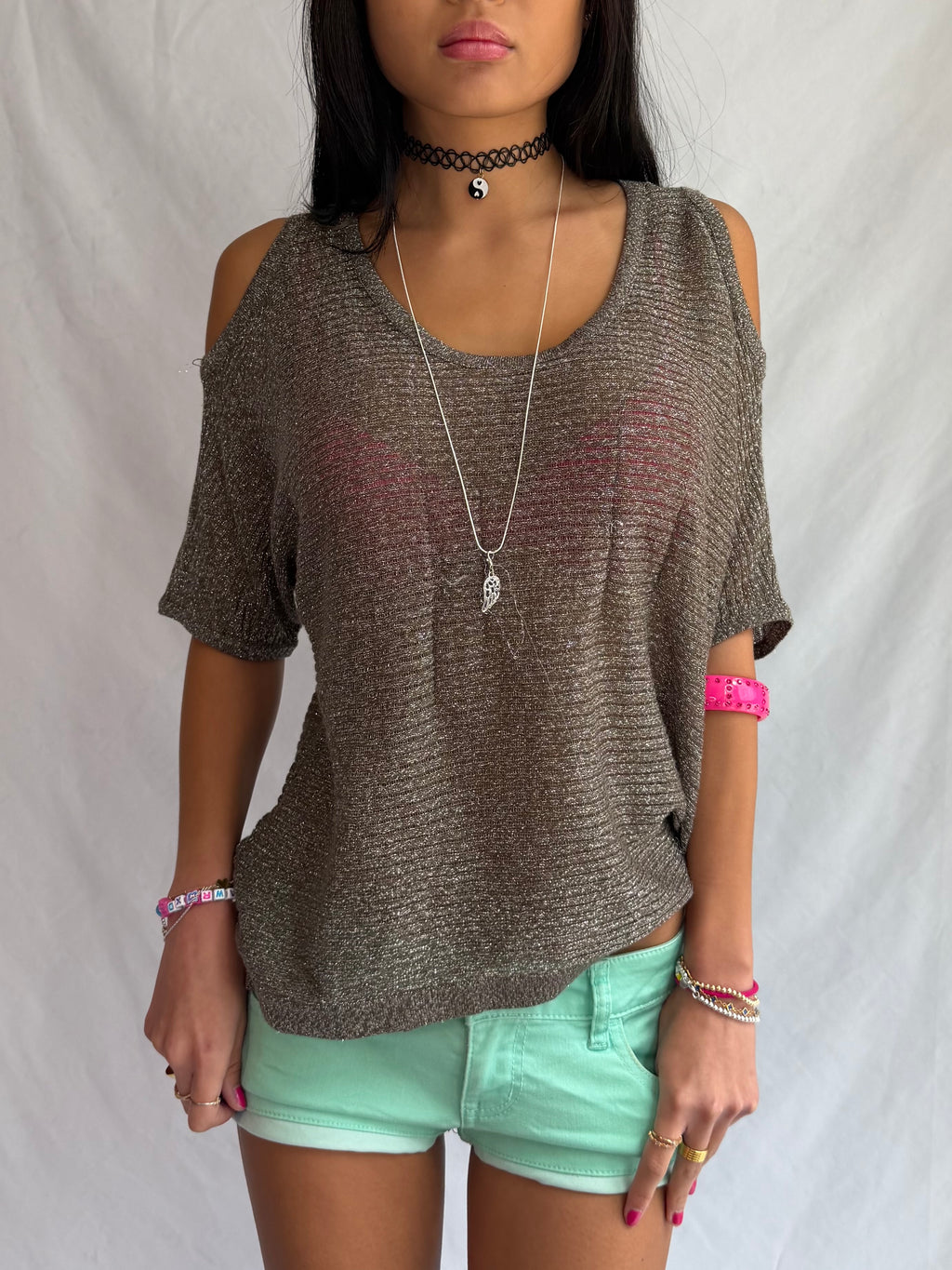 Vintage metallic off the shoulder top