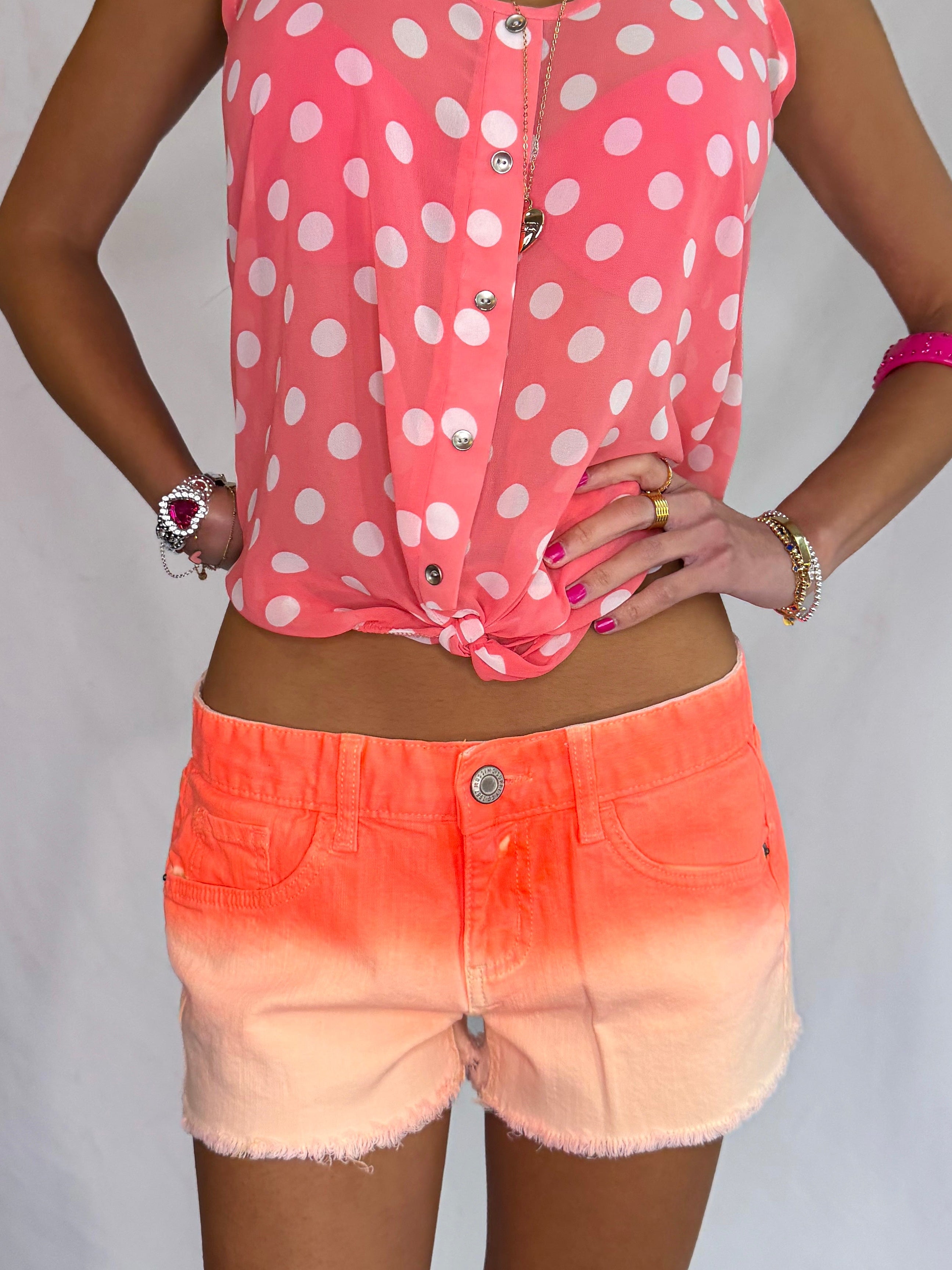 2016 neon orange ombre low rise denim shorts