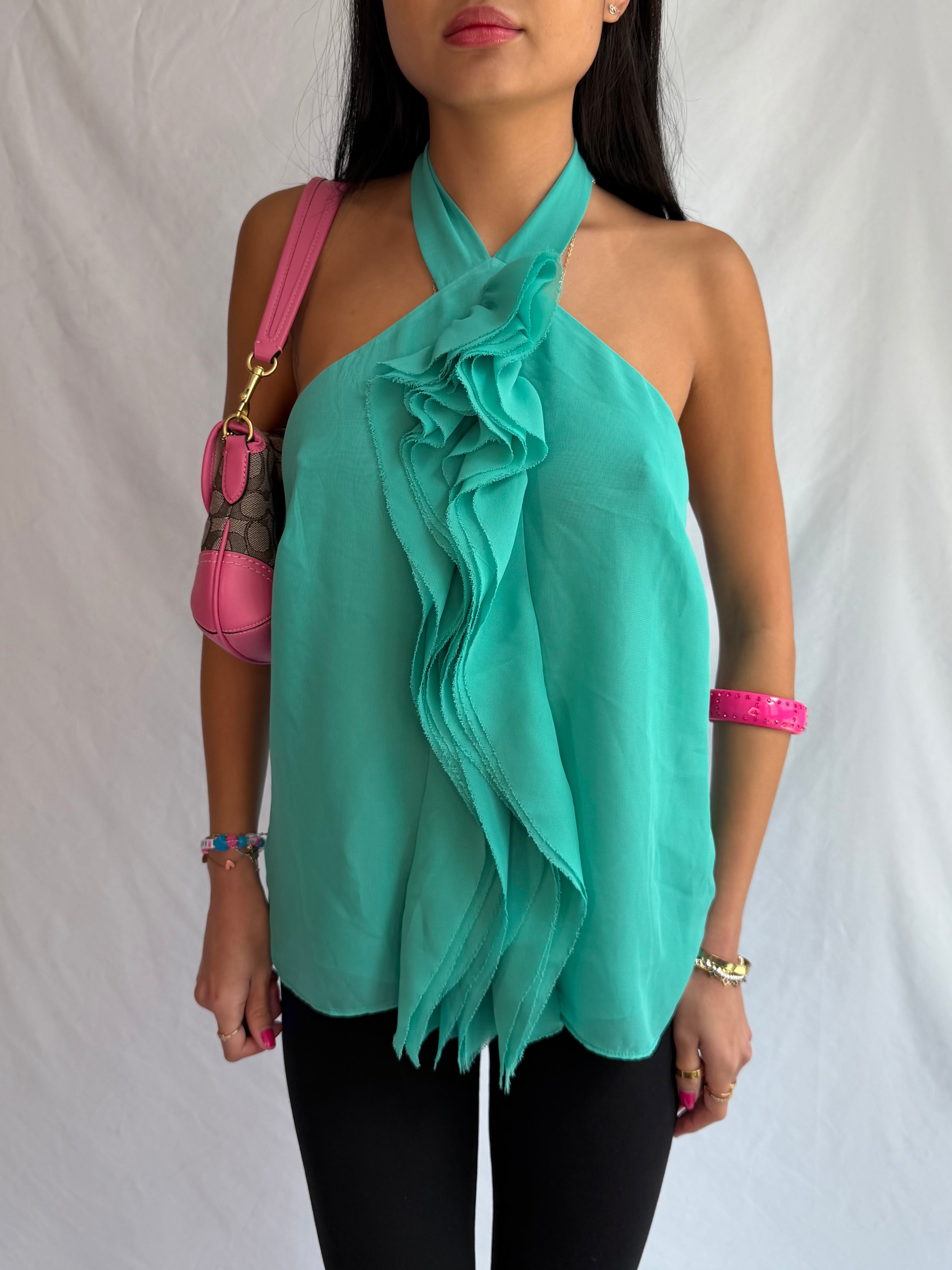 Vintage teal ruffle halter top