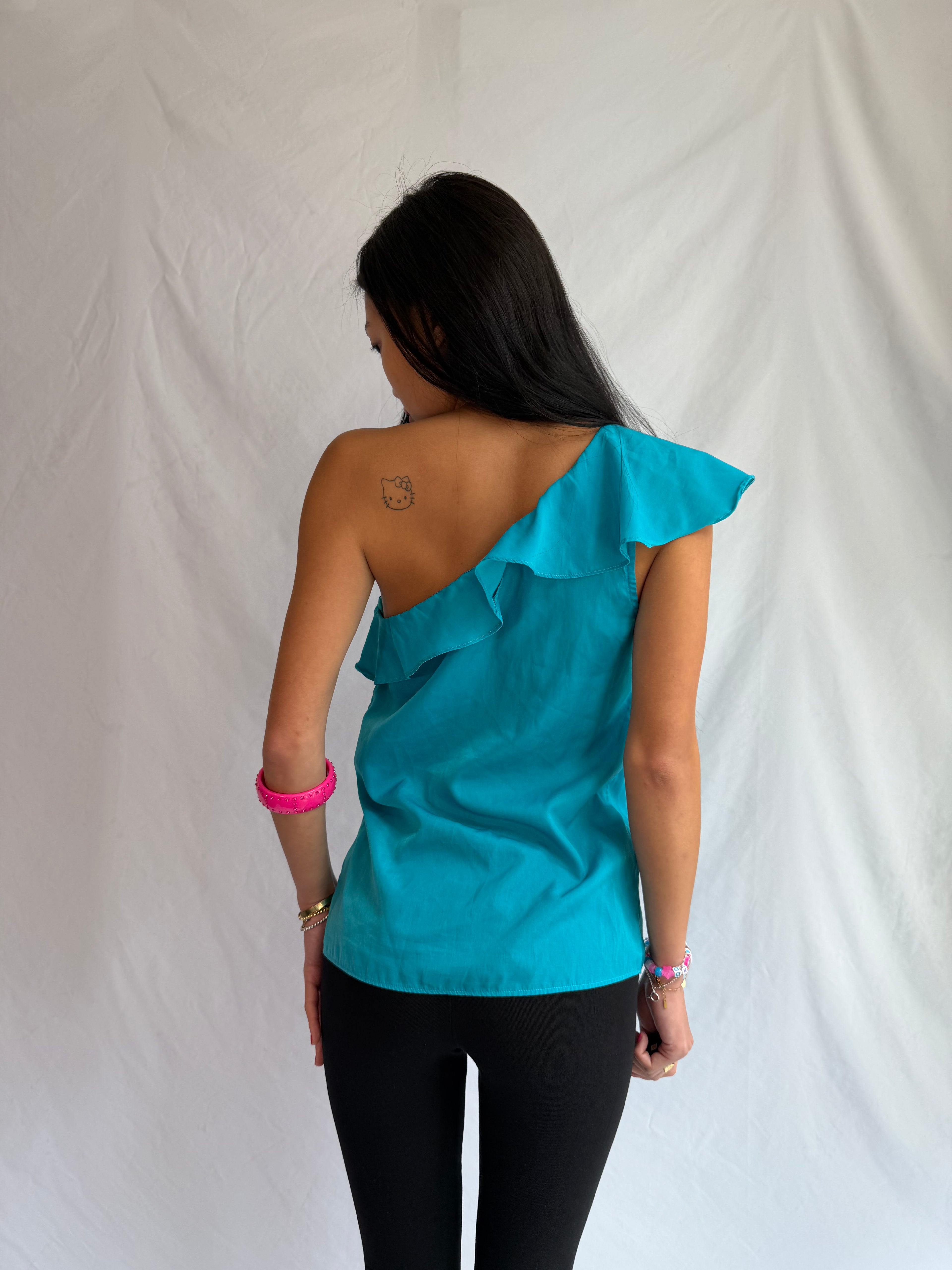 Vintage blue one shoulder ruffle top