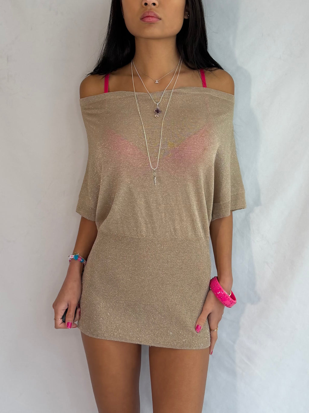 Vintage gold off the shoulder mini dress