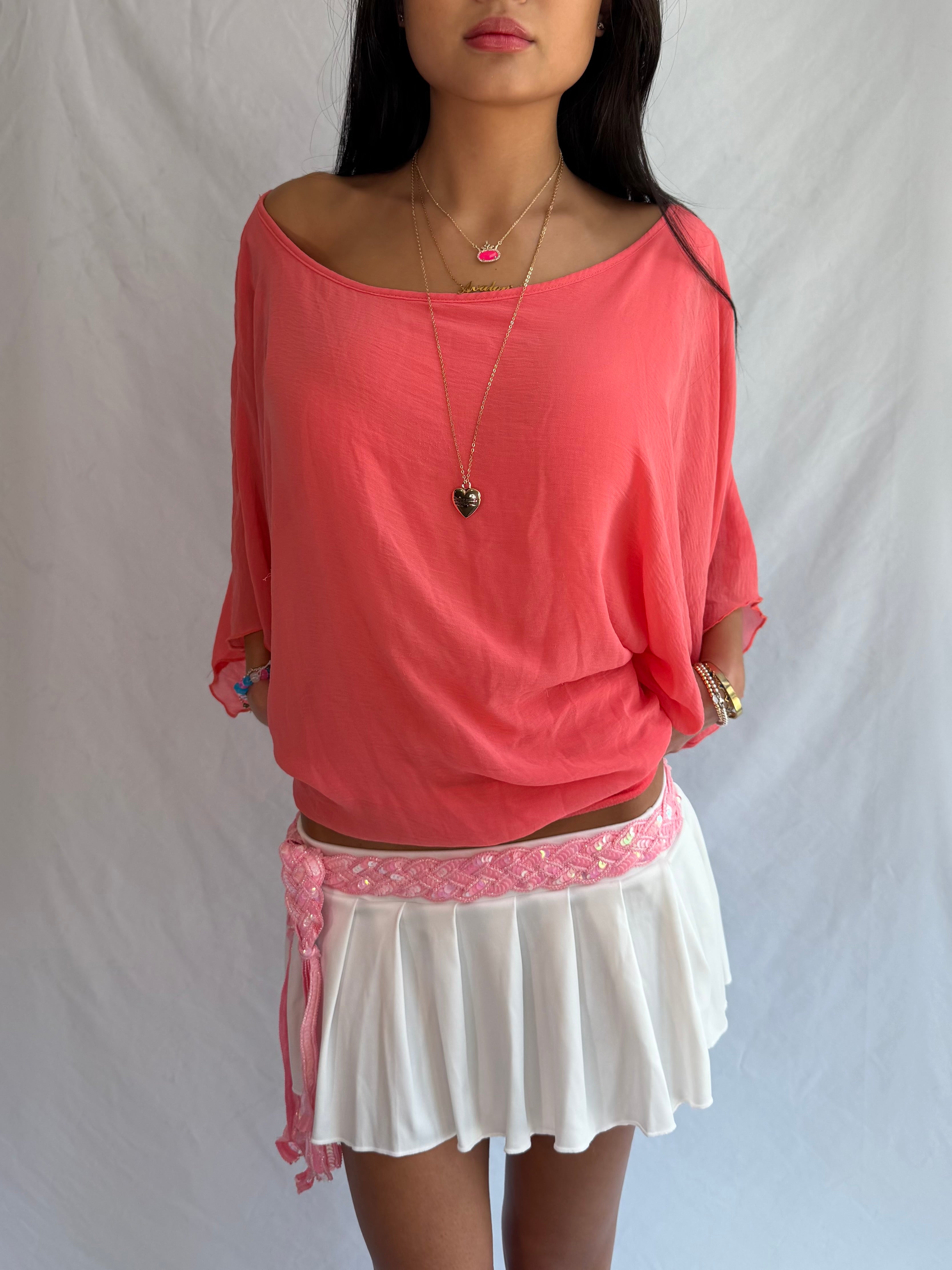 Vintage coral off the shoulder drape top