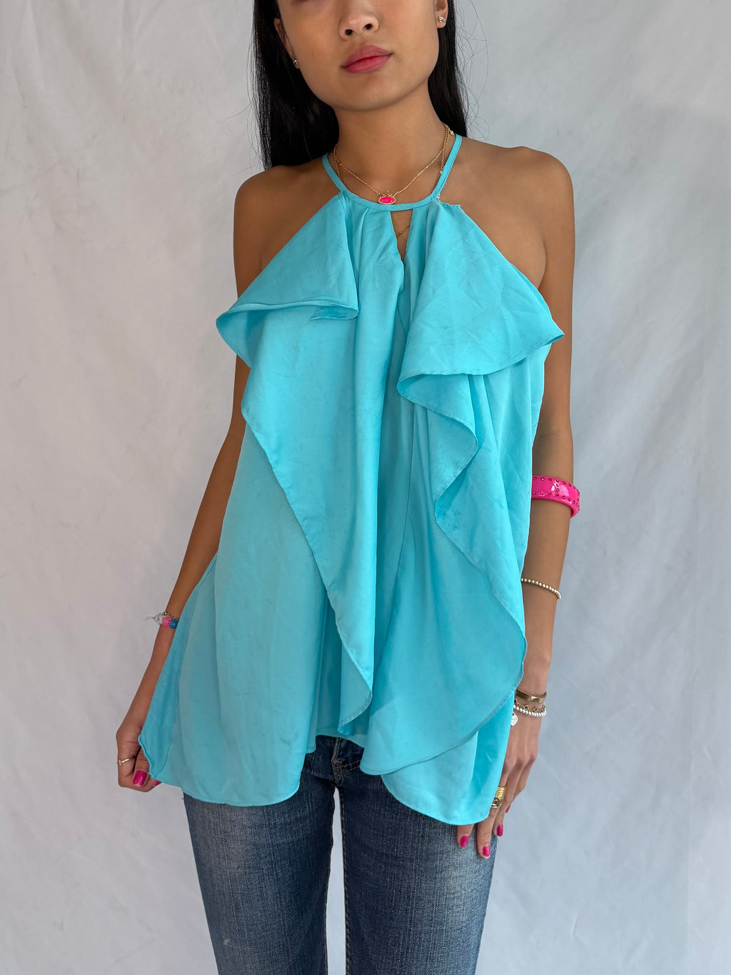 Vintage aqua ruffle halter top