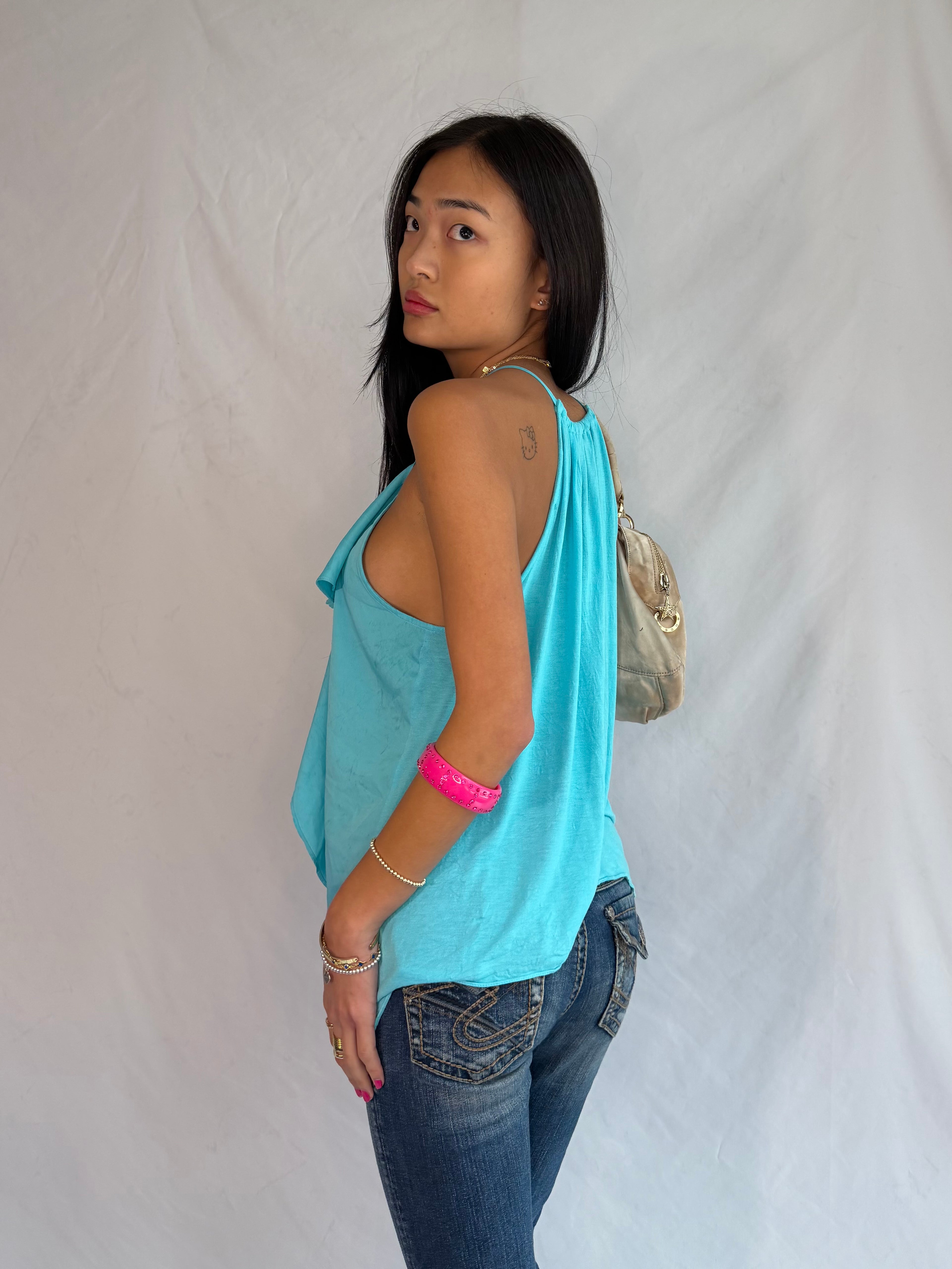 Vintage aqua ruffle halter top
