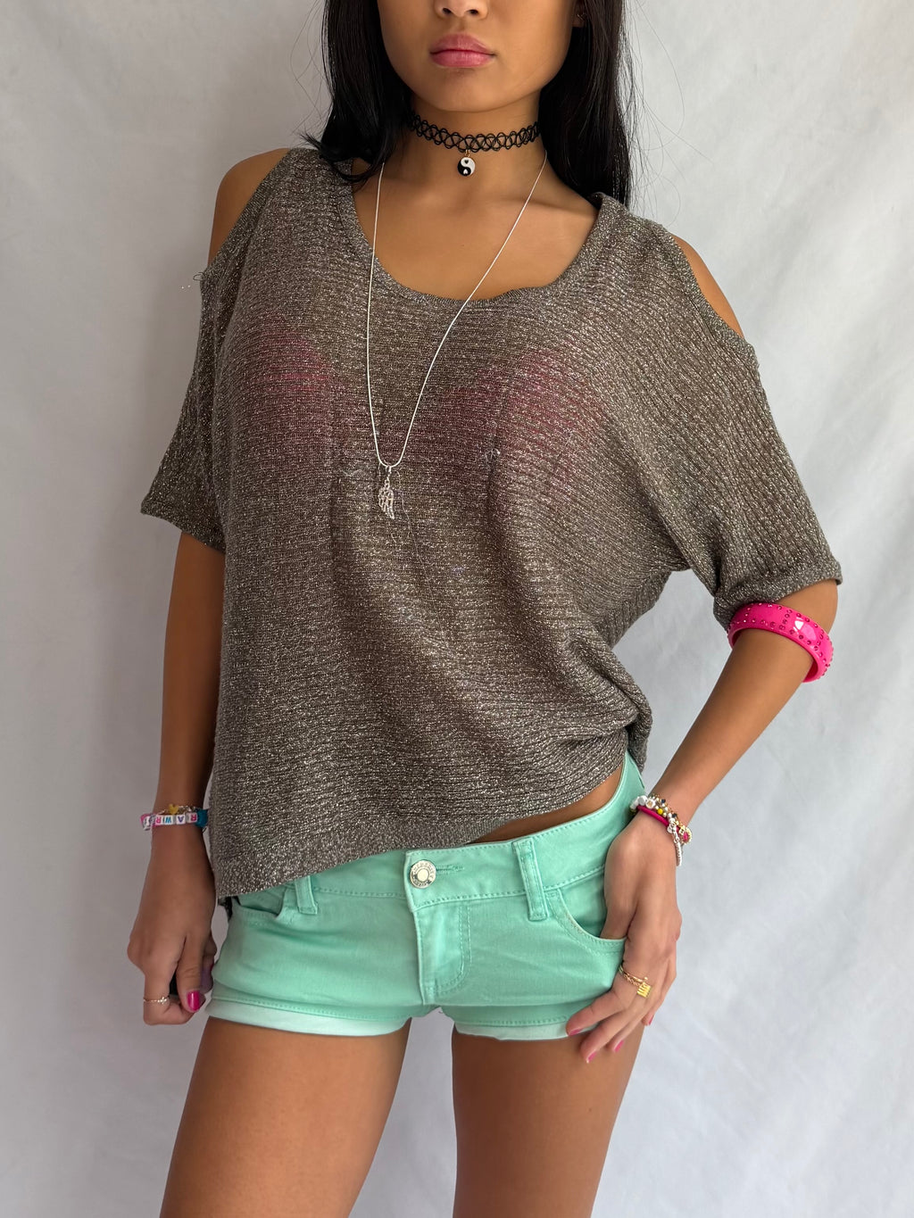 Vintage metallic off the shoulder top