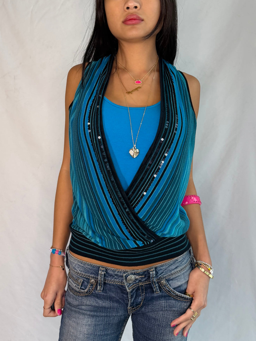 Vintage blue sequin low neck top