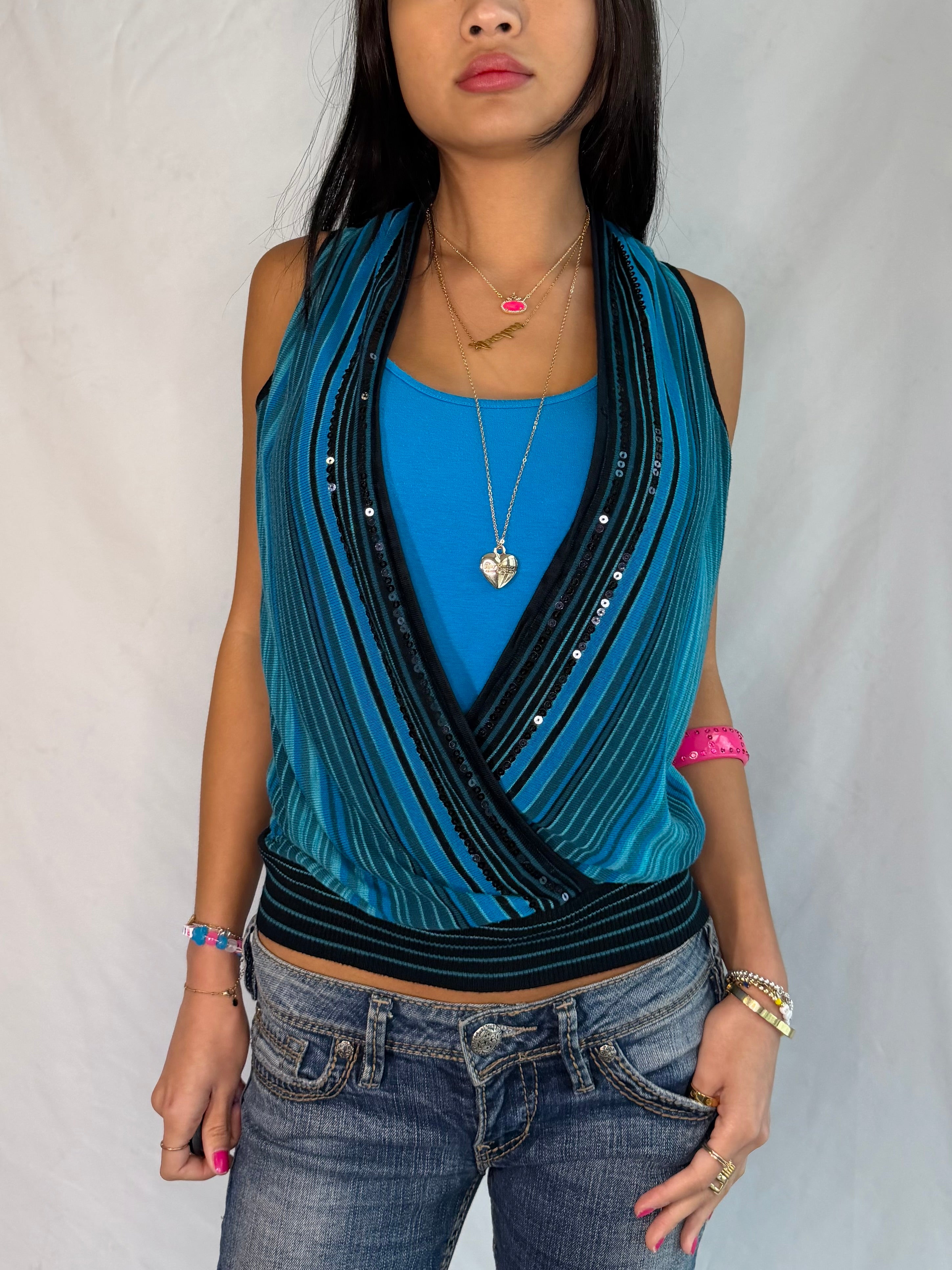 Vintage blue sequin low neck top