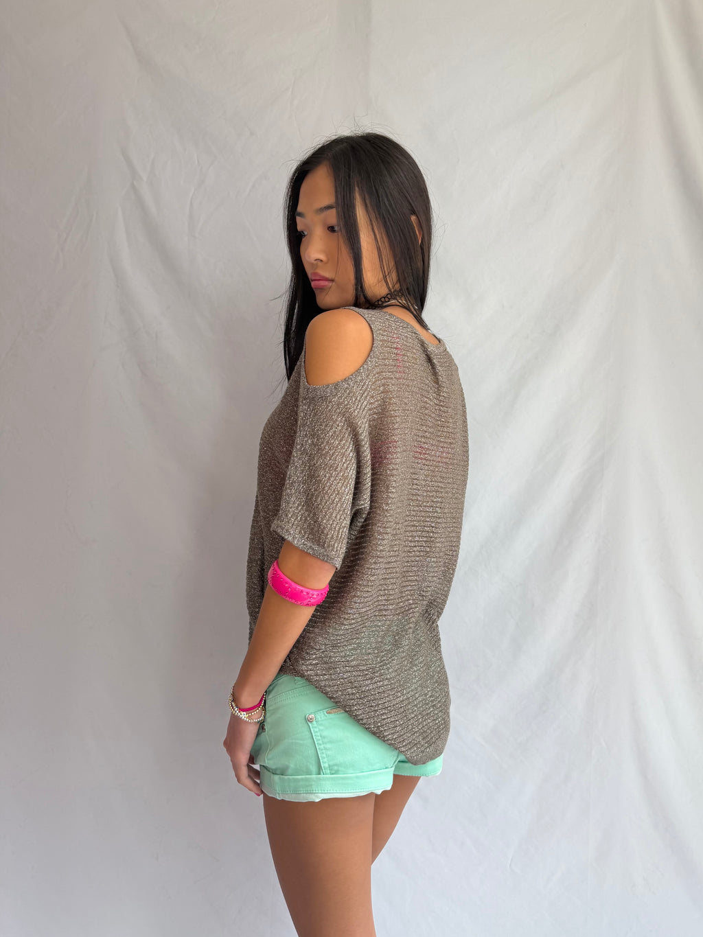 Vintage metallic off the shoulder top