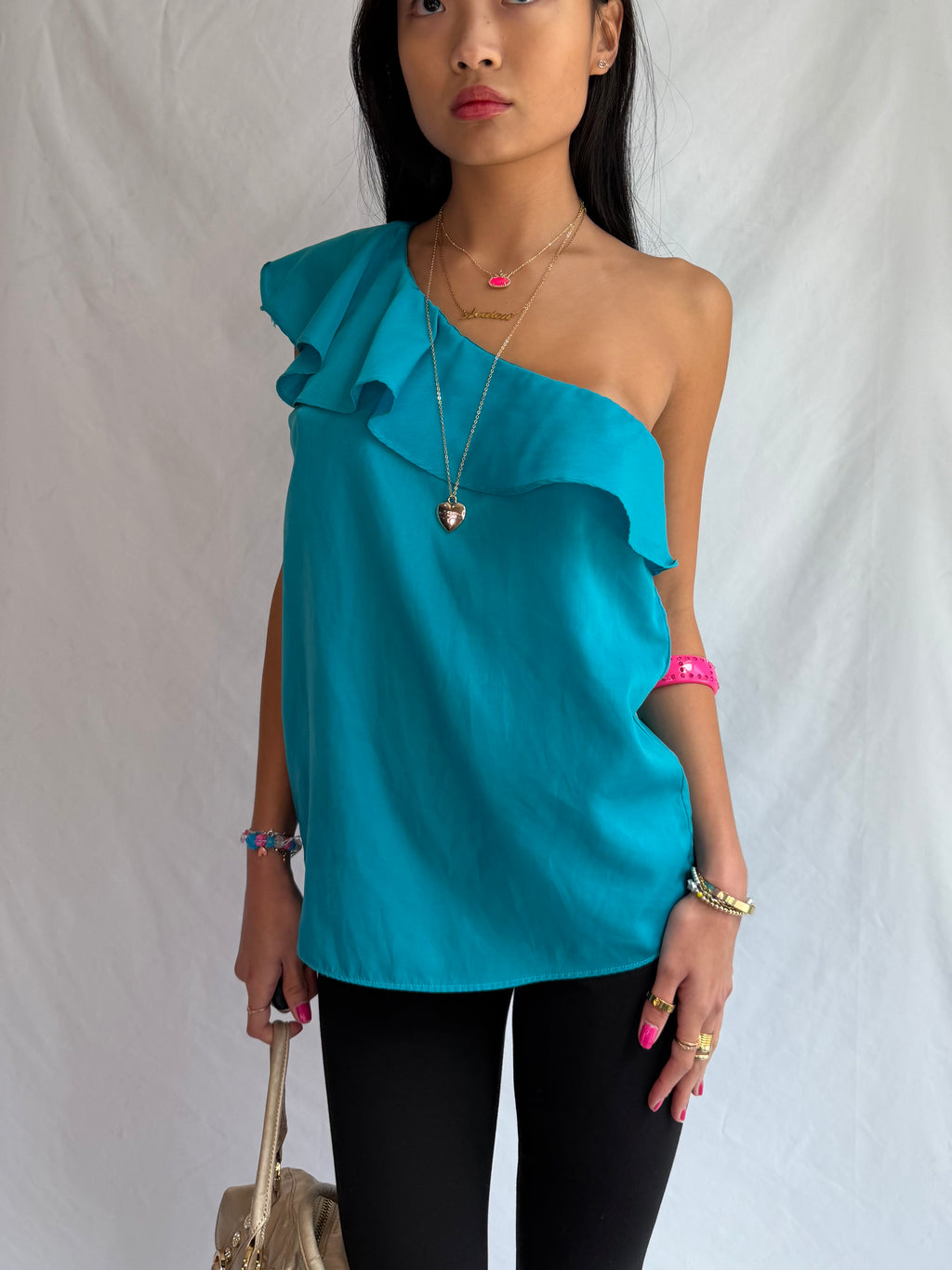 Vintage blue one shoulder ruffle top