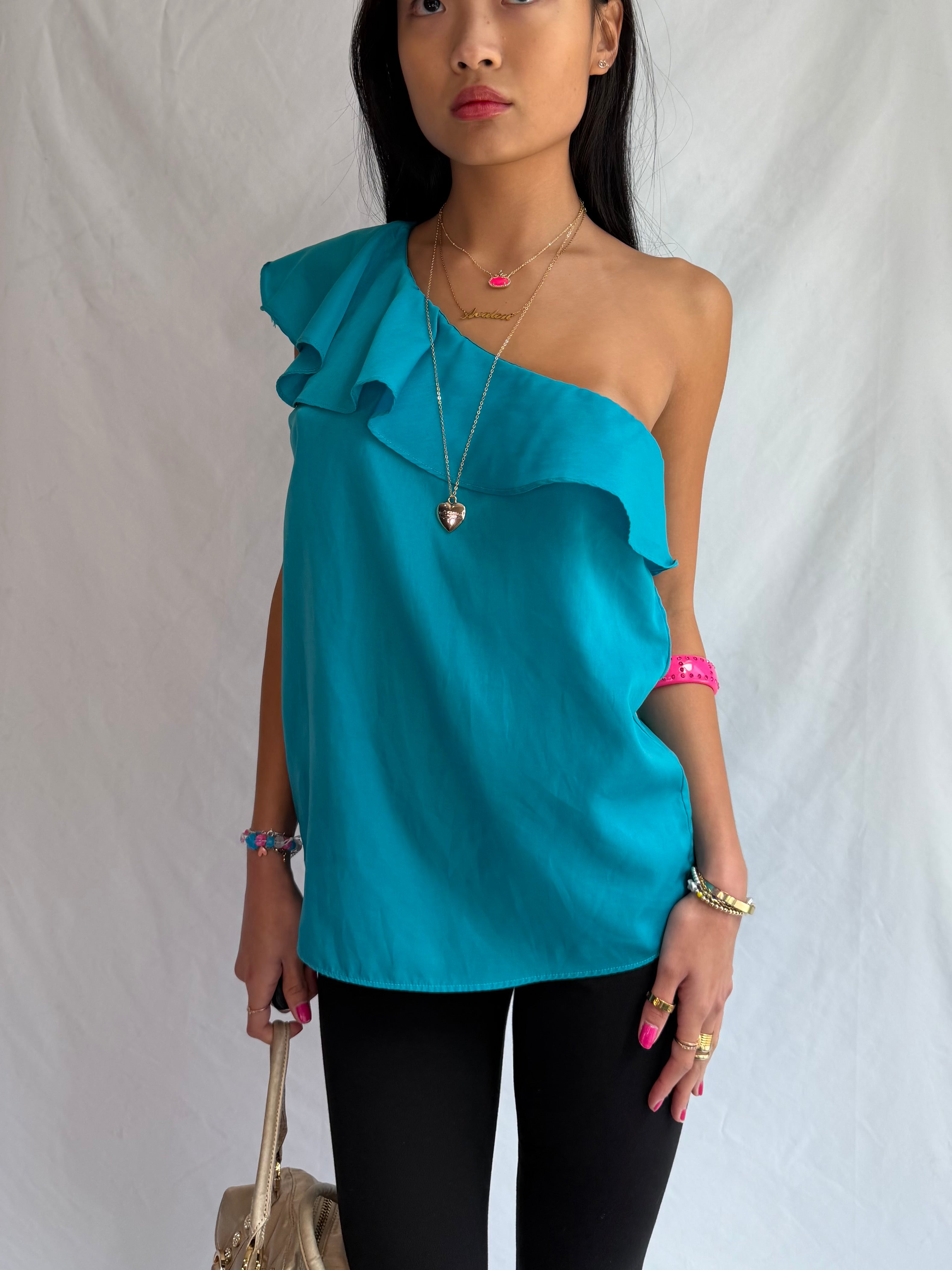 Vintage blue one shoulder ruffle top