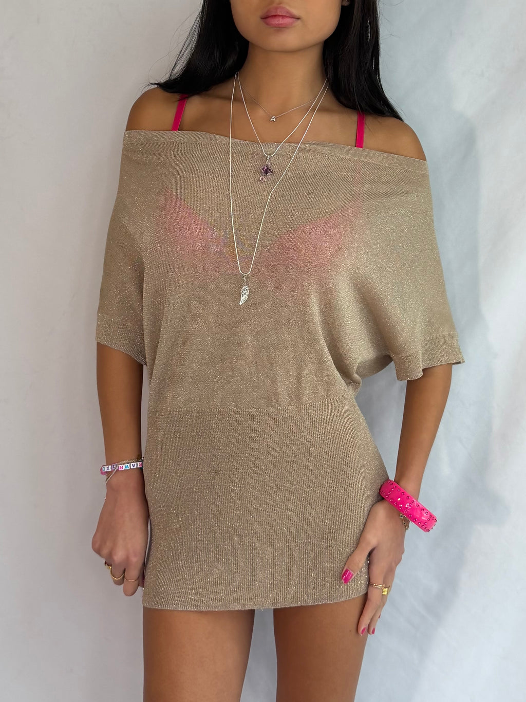 Vintage gold off the shoulder mini dress