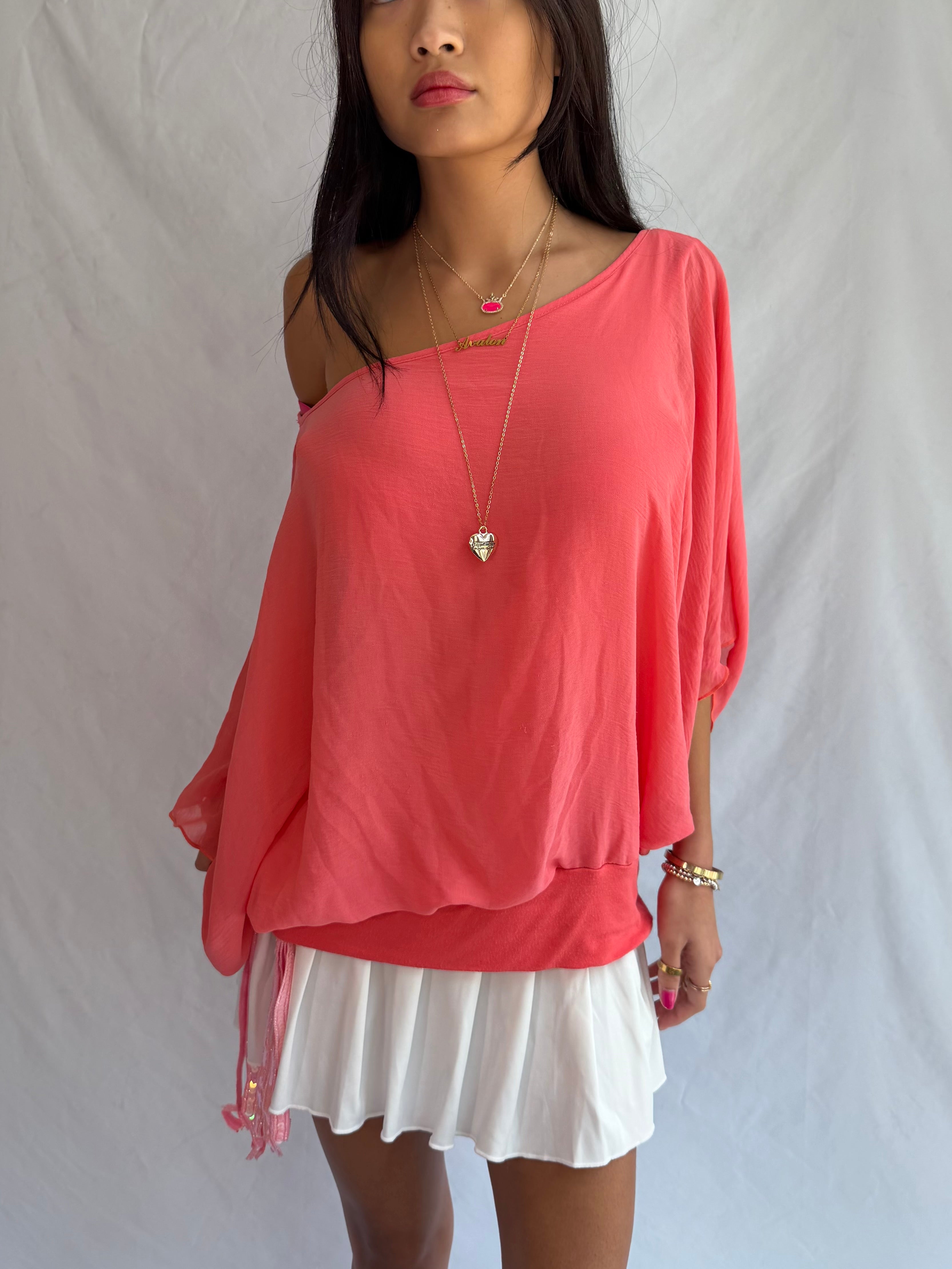 Vintage coral off the shoulder drape top