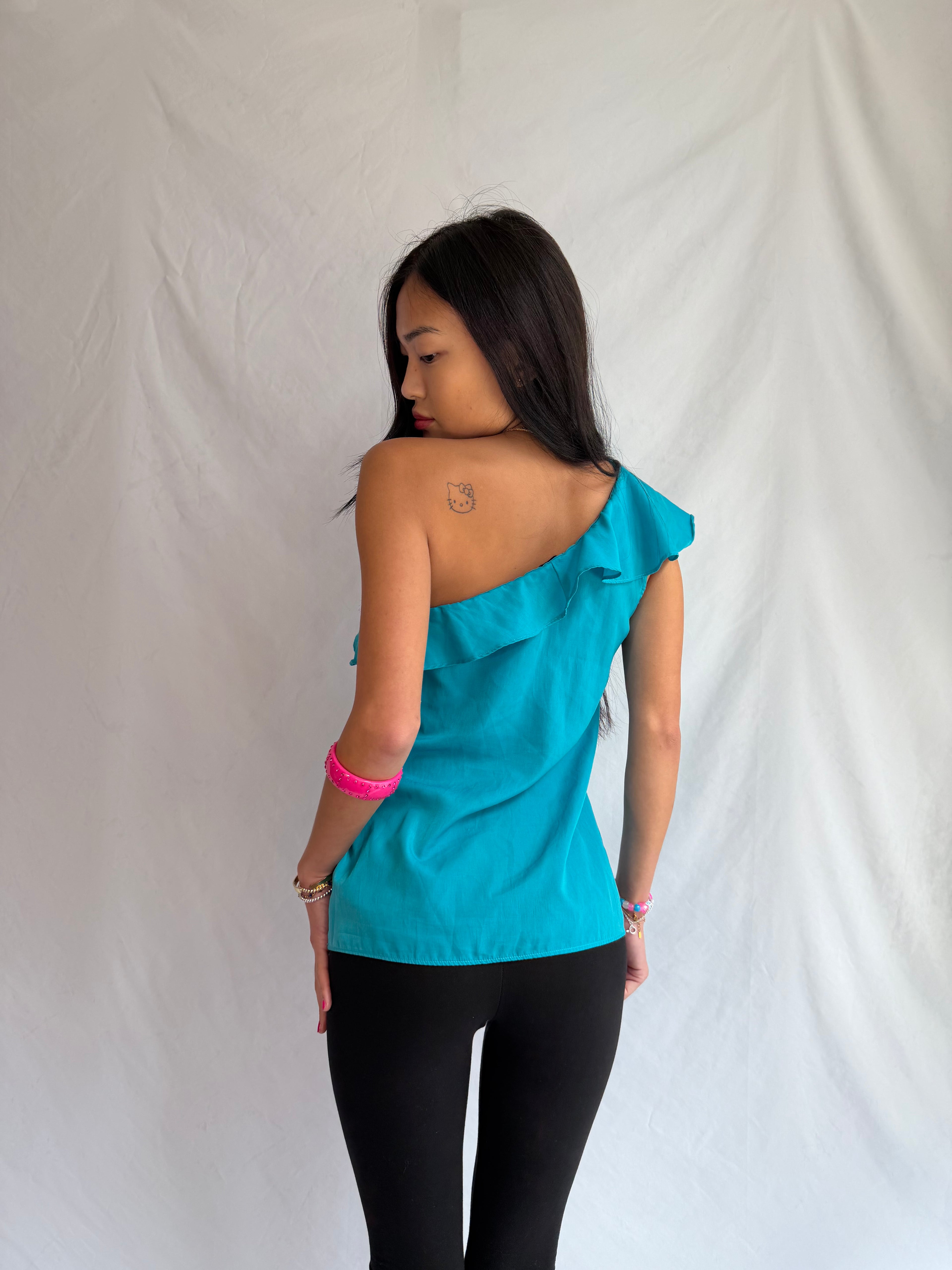 Vintage blue one shoulder ruffle top