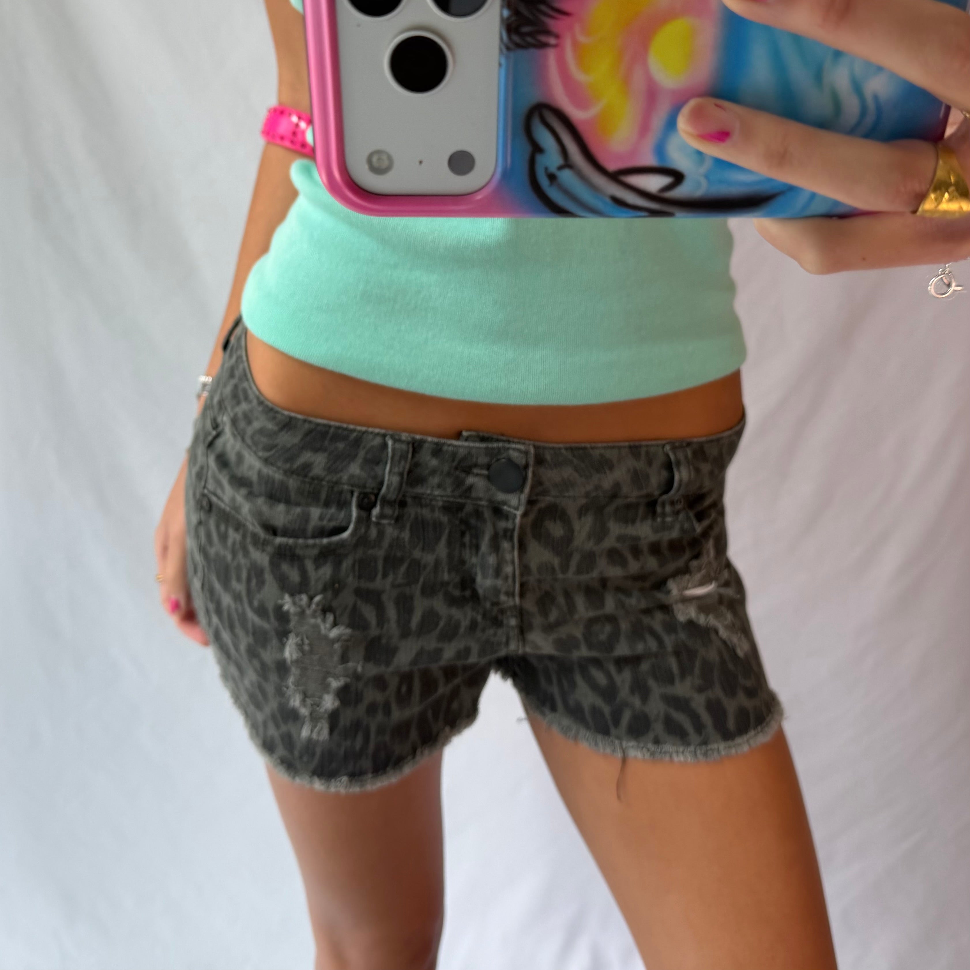 2016 leopard low rise denim shorts